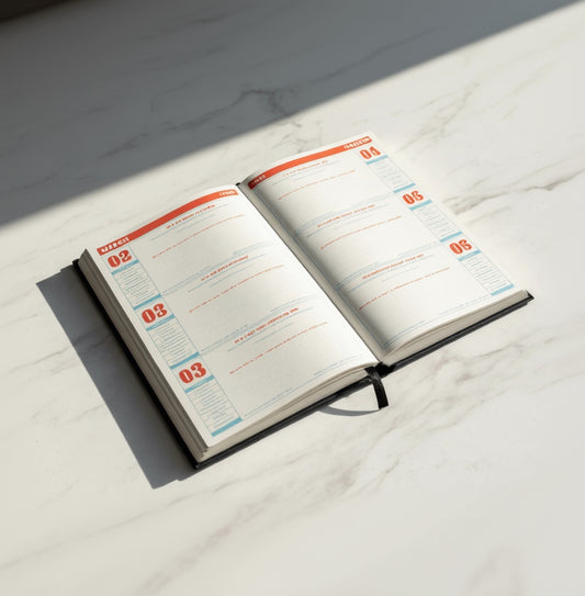 Black planner with 'Hidden Agenda' text on a dark green marble table top