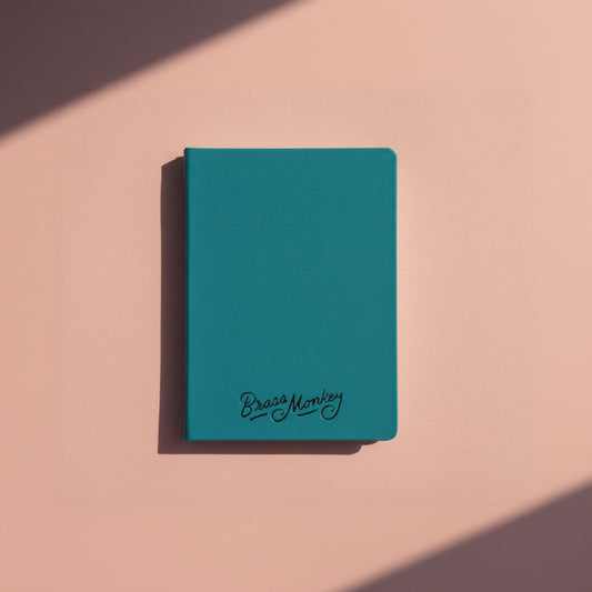Teal notebook with 'DEFINITELY NOT MY PASSWORDS' text on a white background