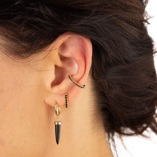 Gold Huggie Hoop Earrings With Black Stones