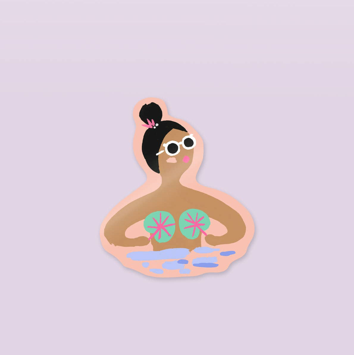A die-cut sticker featuring a cartoon illustration of a woman relaxing in a bubble bath, wearing round white sunglasses and pink flip-flops, set against a solid light purple background.