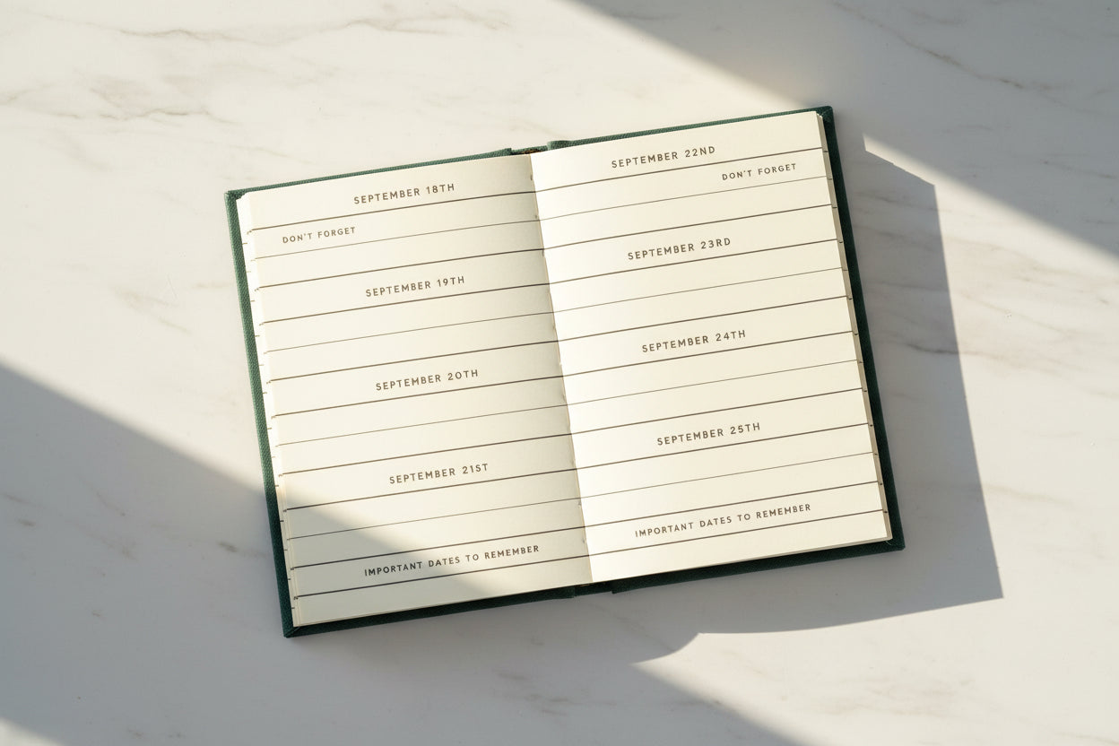 Dates To Remember Notebook - Inside pages on marble table top