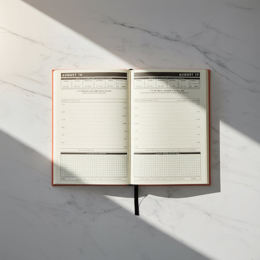 Open planner on a marble surface with sunlight casting shadows
