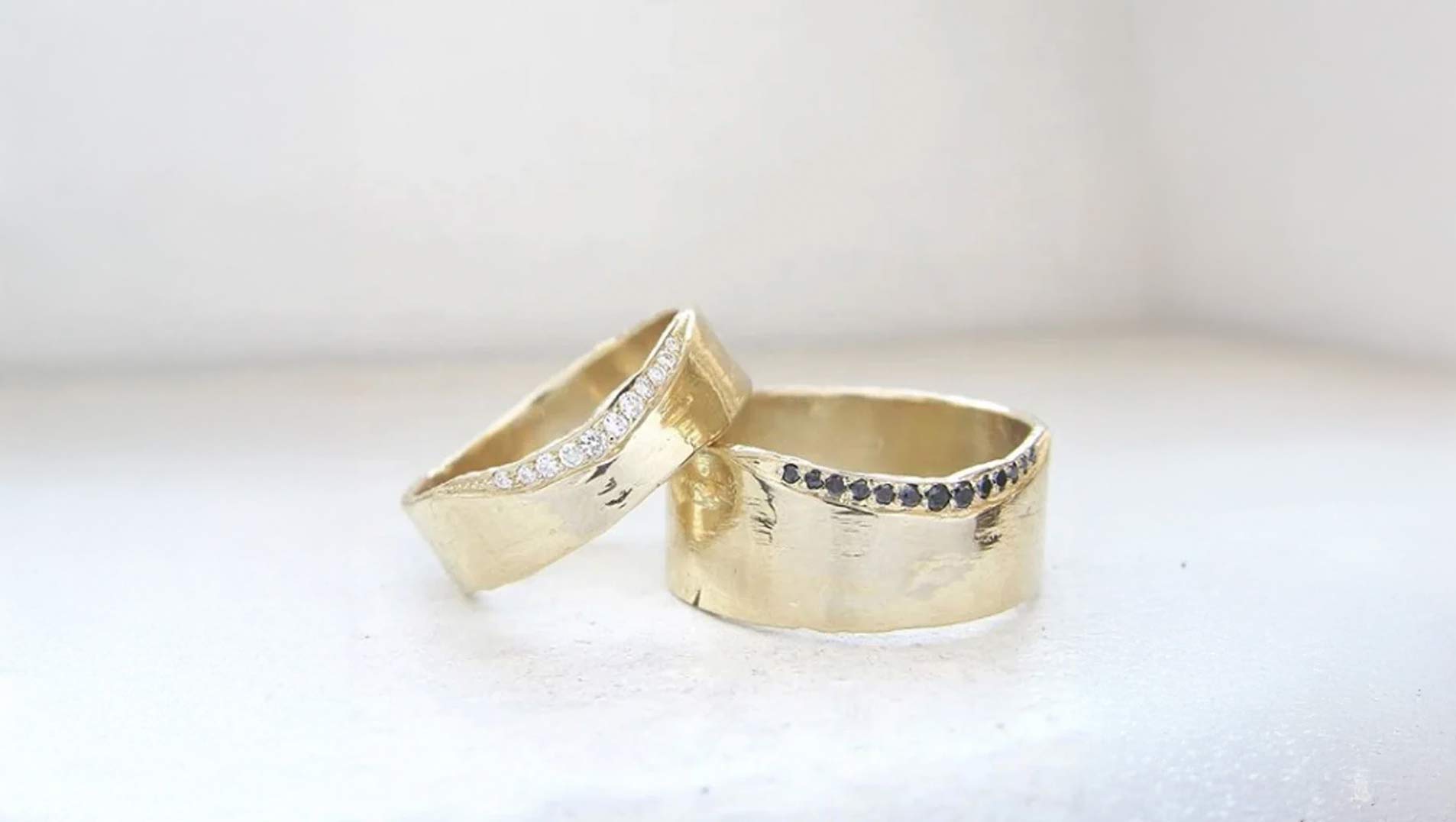 Misa Trail wedding bands, 4mm band with white diamonds, 6mm band with black diamonds