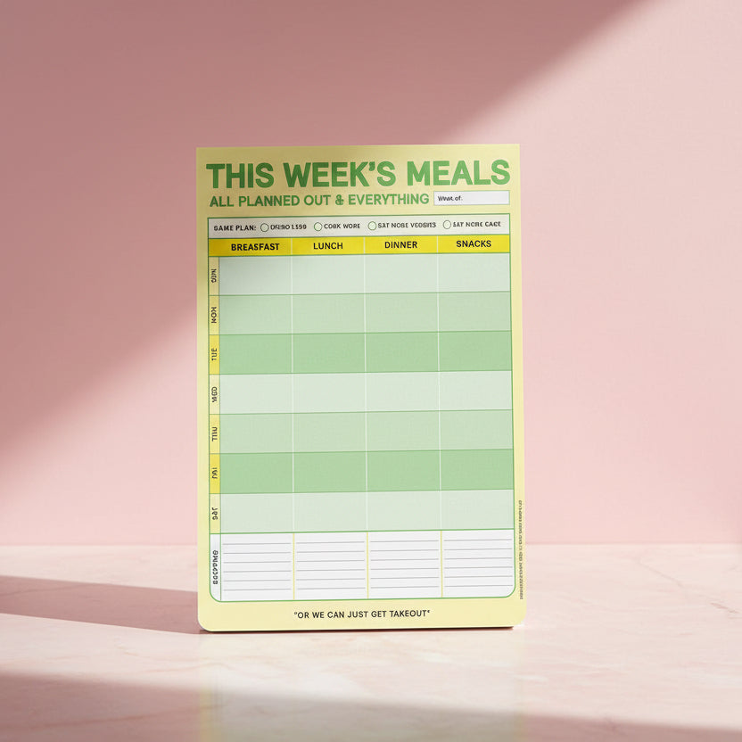 Weekly meal planner pad with a yellow border and green grid for meal planning.