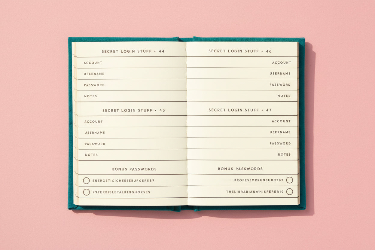 Password manager book with cream pages and teal binding on a pink background