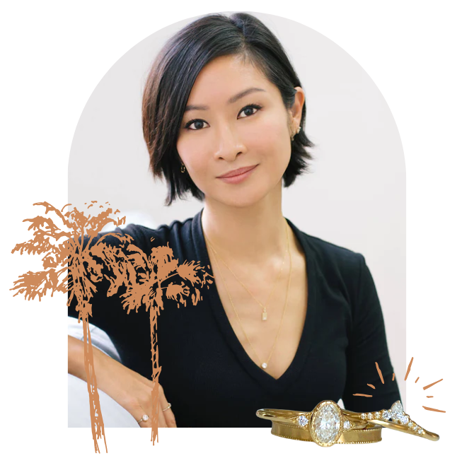 Designer Jennie Kwon smiling to camera with doodle palm trees and gold rings decorating the border