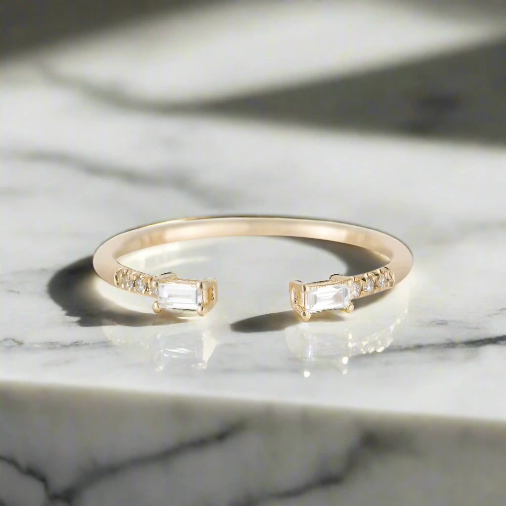 Jennie Kwon YJ Baguette Ring with a diamond wedding band