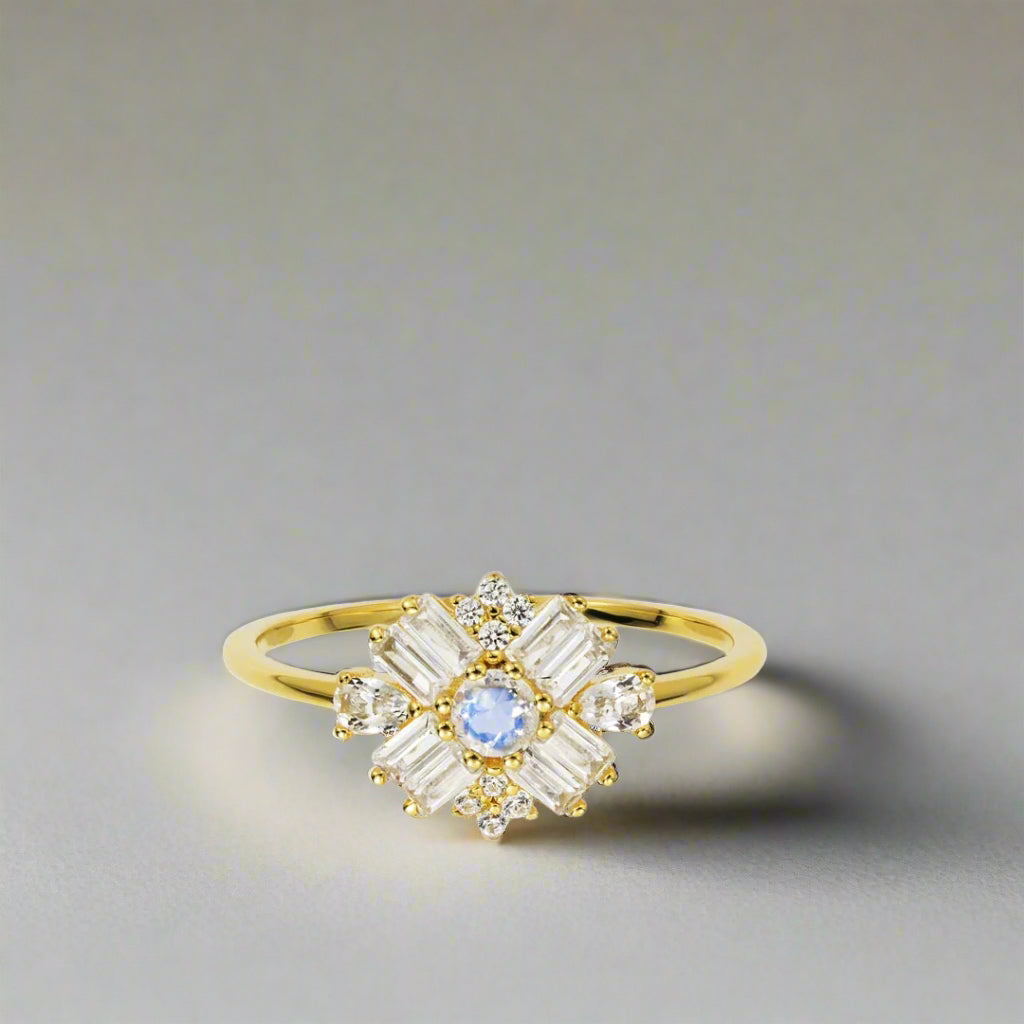 Rainbow Moonstone and Diamond Dandelion Ring