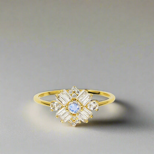Rainbow Moonstone and Diamond Dandelion Ring