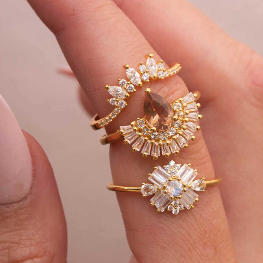 Rainbow Moonstone and Diamond Dandelion Ring
