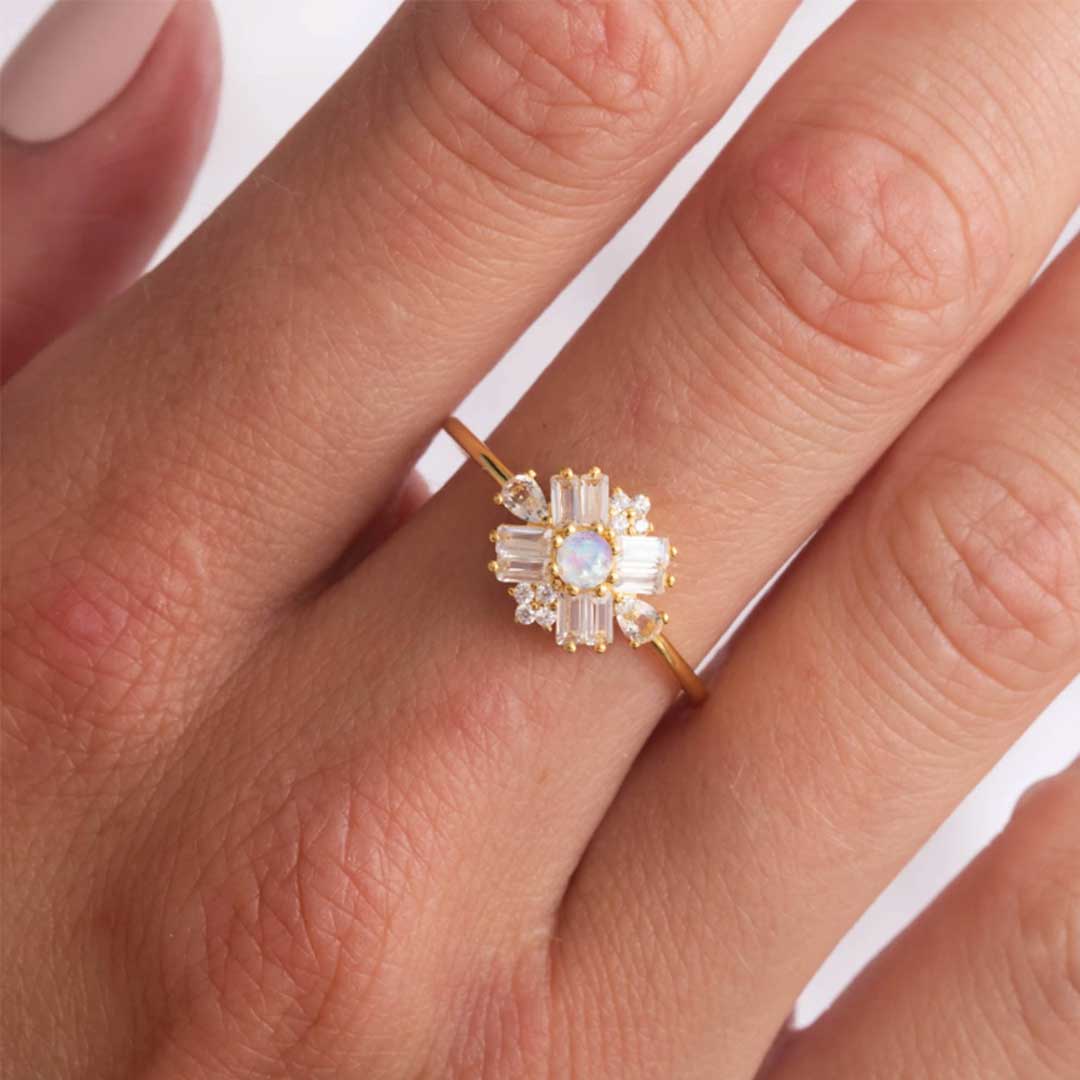Rainbow Moonstone and Diamond Dandelion Ring