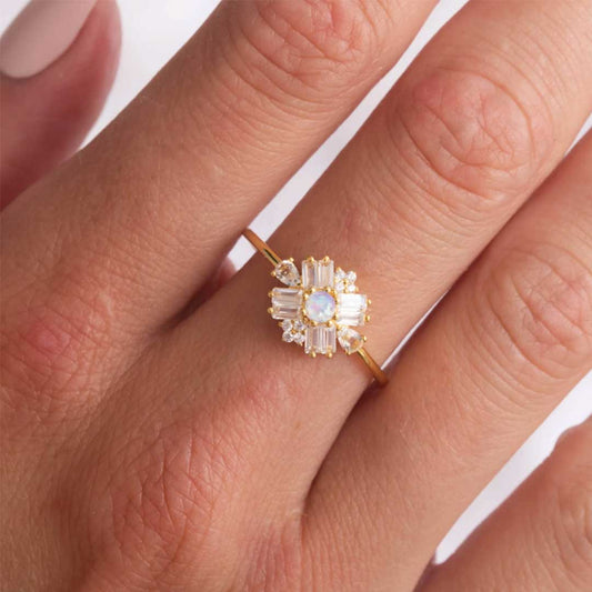 Rainbow Moonstone and Diamond Dandelion Ring
