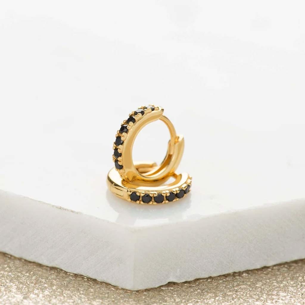 Gold Huggie Hoop Earrings With Black Stones