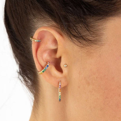 Huggie Hoop Earrings with Rainbow Stones