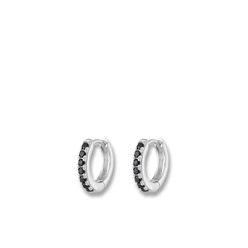Silver Huggie Hoop Earrings With Black Stones