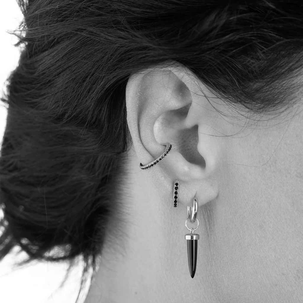 Silver Huggie Hoop Earrings With Black Stones