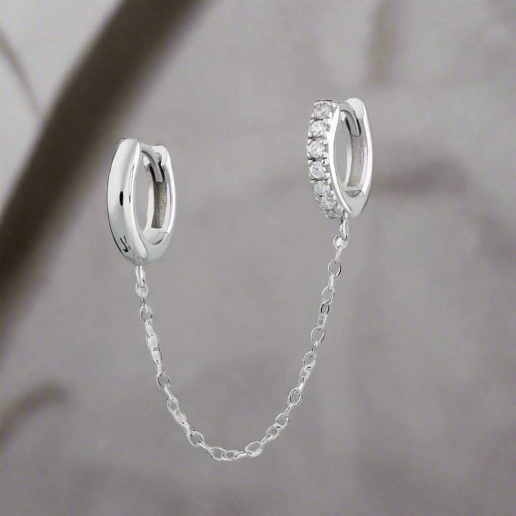 Silver Chain Linked Mismatched Huggie Hoop Earring