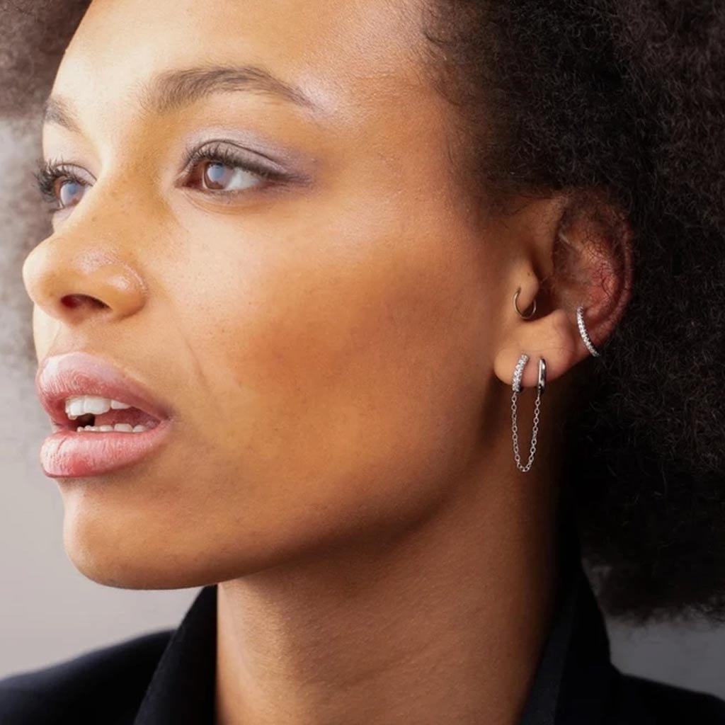 Silver Chain Linked Mismatched Huggie Hoop Earring