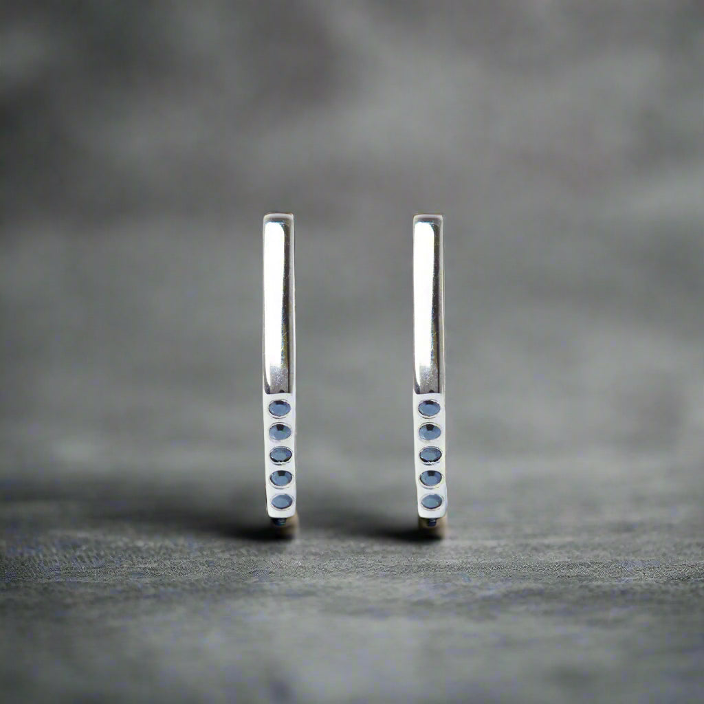 Pair of silver earrings with embedded stones on a dark gray background